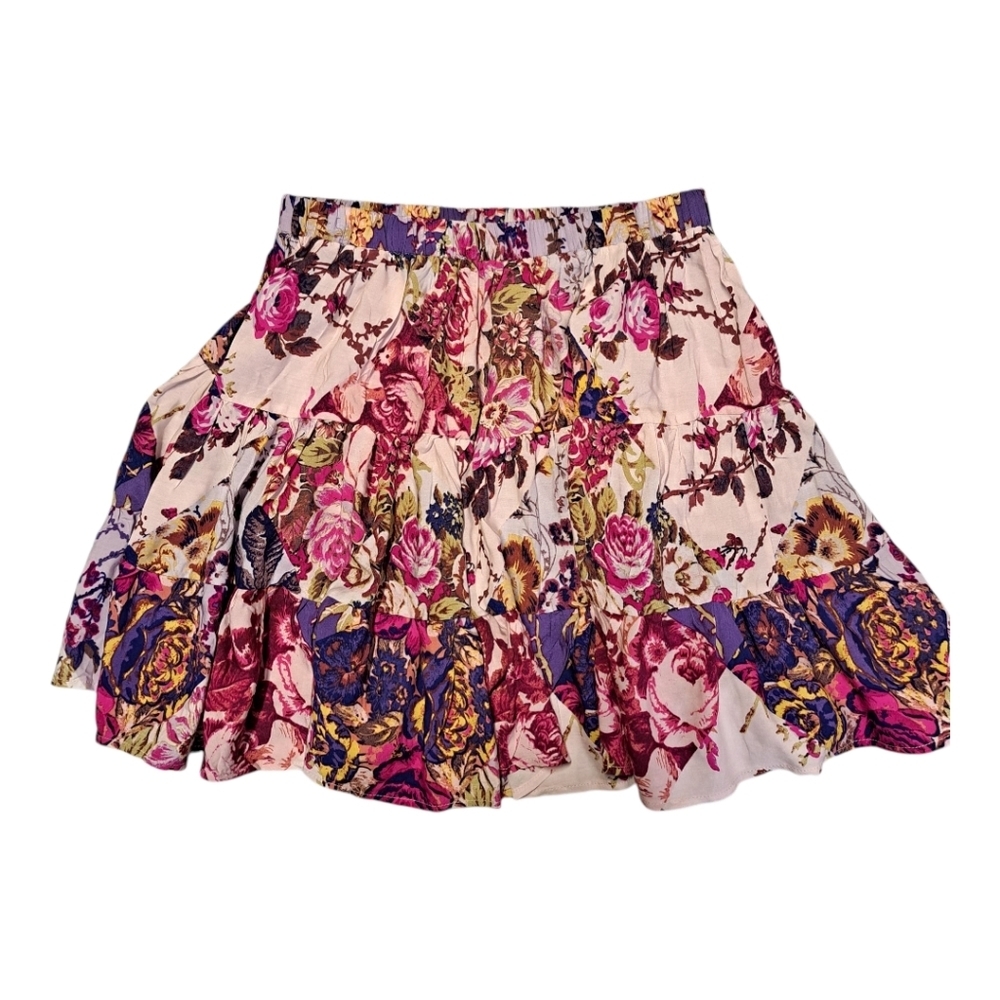 Anthropologie Floral Tiered Mini Skirt in Pink, Purple, Yellow